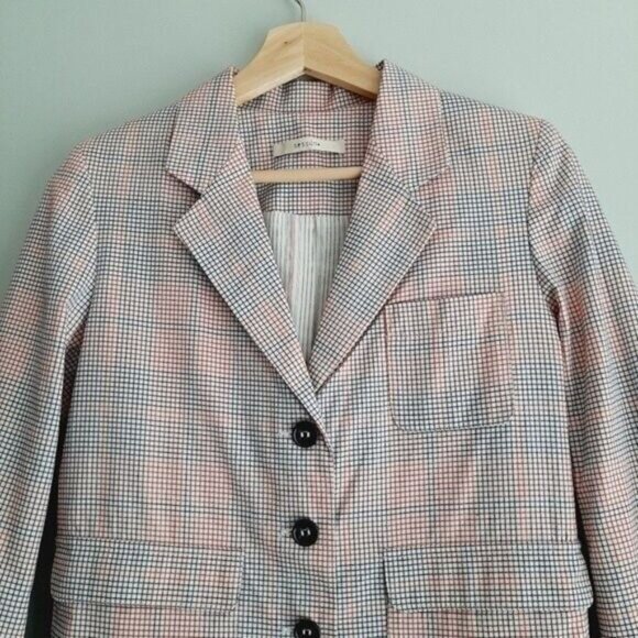 SESSÙN Blazer Jacket Checkered Grid Pattern Floral Cuffs Sz S - Picture 2 of 13
